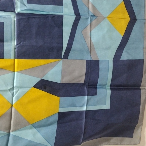 J.D. Dubois Silk Scarf 30x30 – Luxe Geometric Blue & Gold Tie Style Accessory - Picture 6 of 14